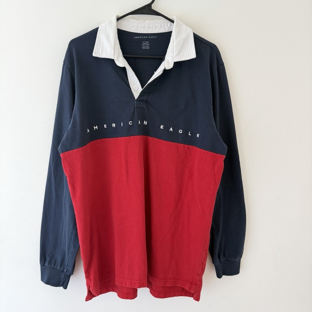 Y2K American Eagle Rugby Polo Shirt‎ Mens XL Navy Red Colorblock Skater Preppy